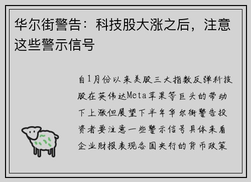 华尔街警告：科技股大涨之后，注意这些警示信号 